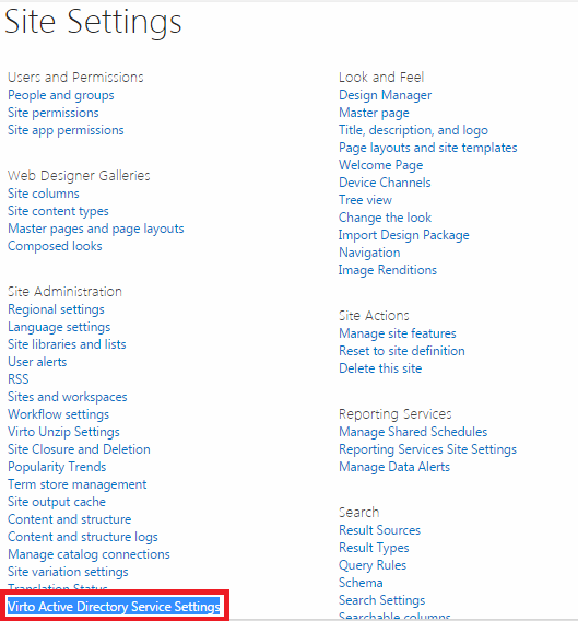 Virto SharePoint Active Directory Service Settings link on the Site Settings page