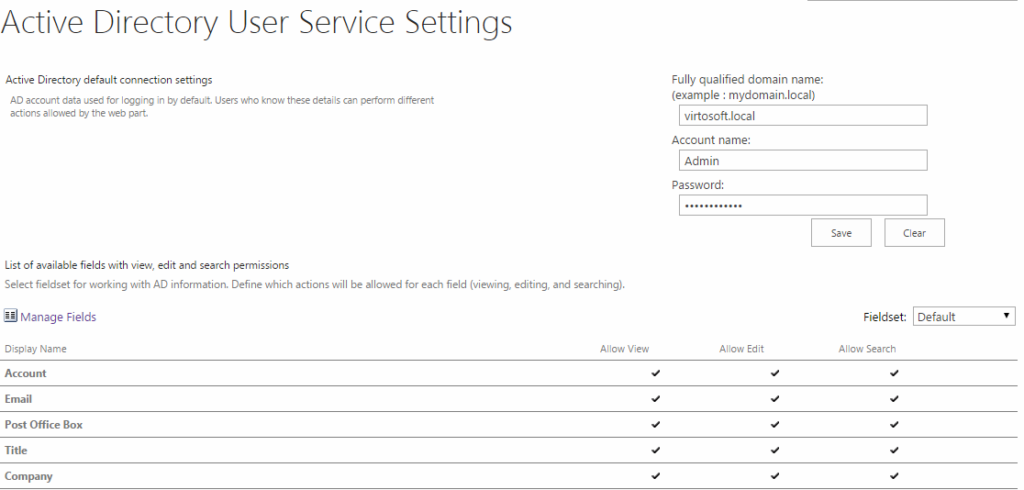 Active Directory User Service Settings page for the Virto AD Self Service web part