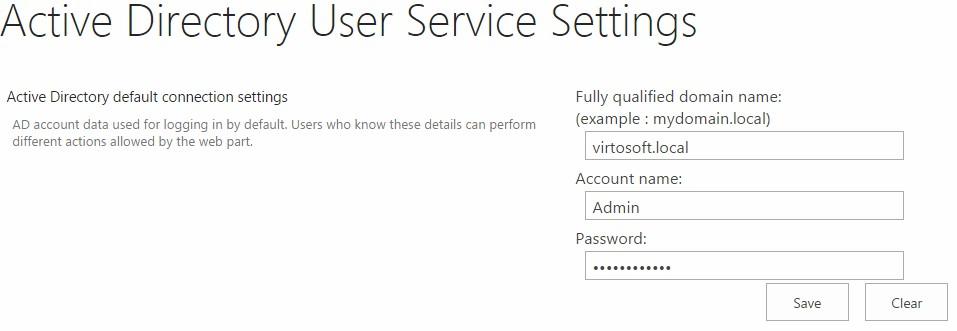 Domain name, account name and password fields for the default AD connection before clicking Save