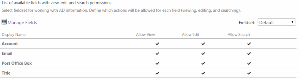 Fieldset in use shown in the Active Directory User Service Settings page