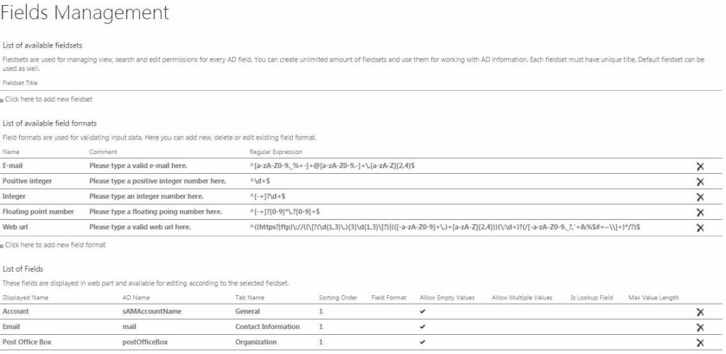 Fields Management page showing Available Fieldsets, List of Available Field Formats and List of Fields blocks