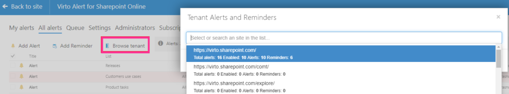 Browse tenant menu for searching alerts and reminders across the SharePoint site collection