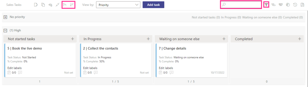 Filtering options on the Virto Kanban Board header including search, sorting, and condition filters