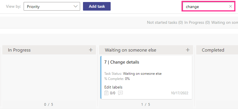 Search bar filtering the Virto Kanban Board to show only tasks matching the entered text