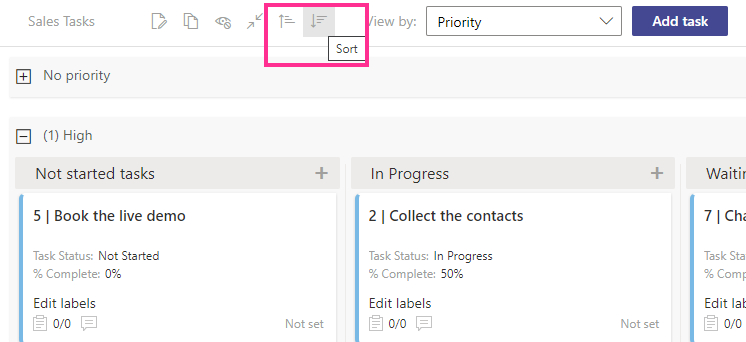 Sorting Virto Kanban tasks in ascending or descending order by the selected field