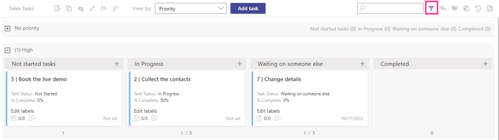 Filter icon in the upper-right corner of the Virto Kanban Board for opening filters