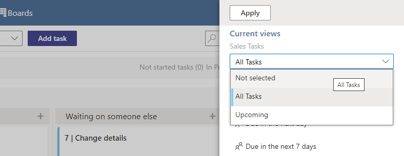 Selecting a SharePoint list view from the drop-down menu to filter tasks on the Virto Kanban Board