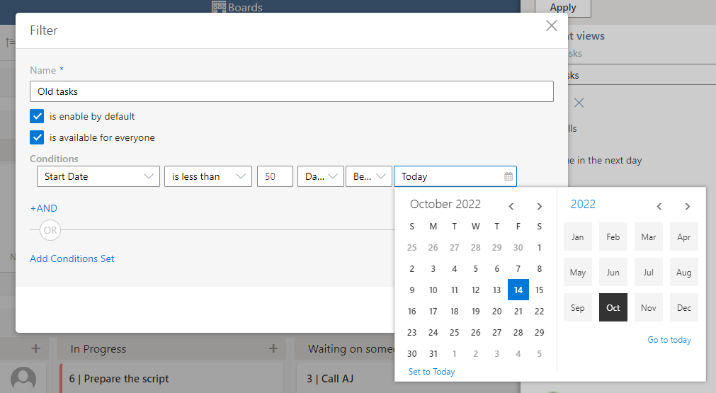 Defining custom filter parameters when creating a filter on the Virto Kanban Board