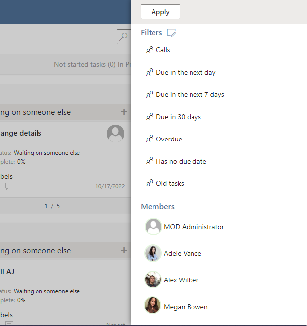 Filtering Virto Kanban tasks by board member to see tasks assigned to each user