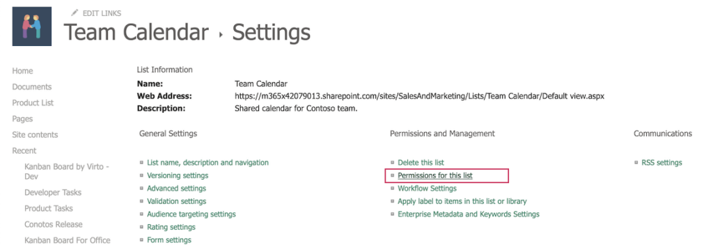SharePoint list permissions page showing the Permissions for this list option