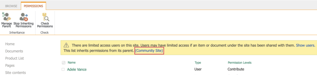 Yellow notice showing the list inherits permissions from the parent SharePoint site
