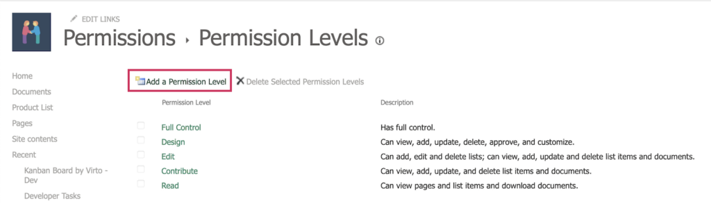 Add a Permission Level form for creating SharePoint user groups with custom permissions