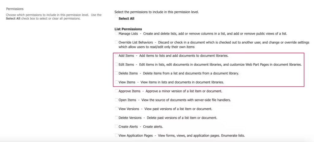The four list permissions relevant to Virto Calendar: Add, Edit, Delete, and View Items