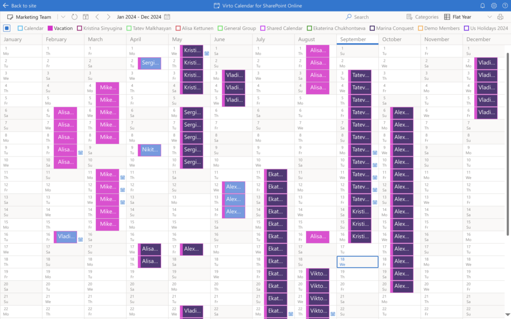 Flat Year View in Virto Calendar App giving a single-screen overview of the whole year for long-term planning