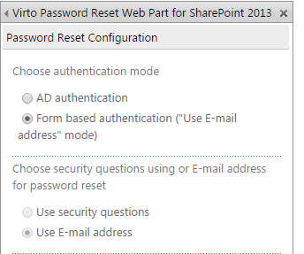 Form based authentication selected in the Password Reset Configuration block