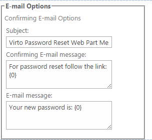 Email options for password reset with subject and message text fields for form based authentication