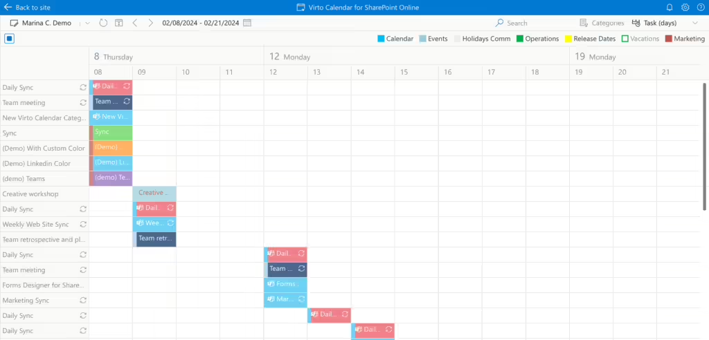 Gantt task days view in Virto Calendar App grouping items by event across a daily timeline