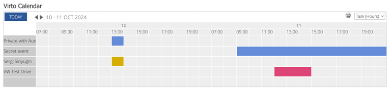 Virto Calendar Gantt Task view in Hours format showing grouped events scheduled by hour