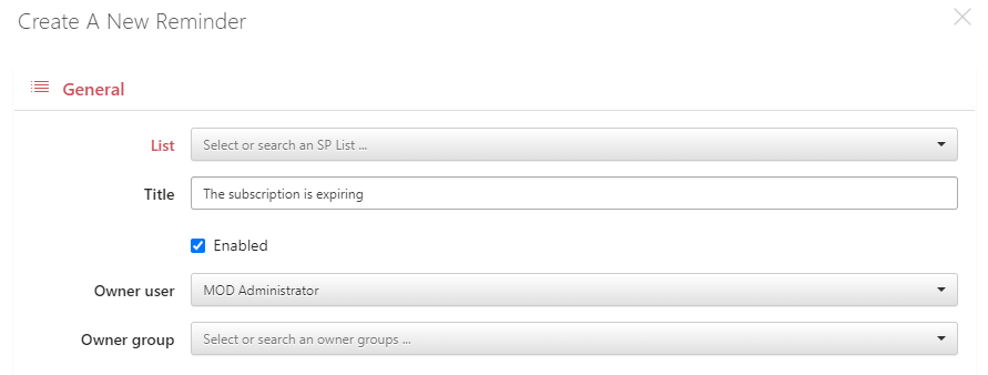 General section of the reminder settings with the SharePoint list and other fields