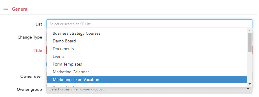 Choosing the SharePoint list or document folder to create a Virto Alert for in the General section