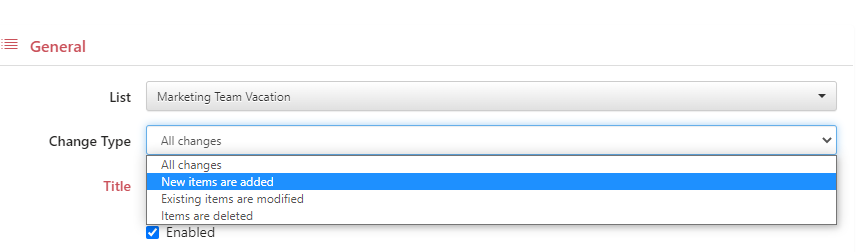 Selecting a change type that triggers the Virto Alert