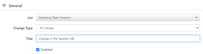Setting the alert title and the Enabled checkbox for a new Virto Alert