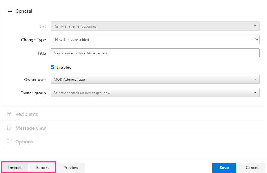 Import and Export buttons for saving or loading a Virto Alert template as a JSON file