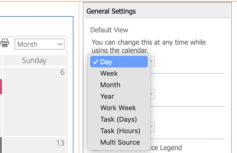 Default view dropdown for choosing the Virto Calendar startup view