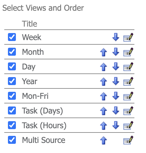 Arrow controls for reordering the position of views in the calendar