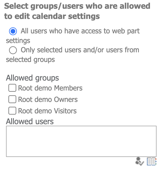Security settings block in the Virto Calendar web part settings