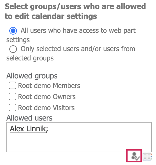 Granting calendar settings access by name using the Check Names button