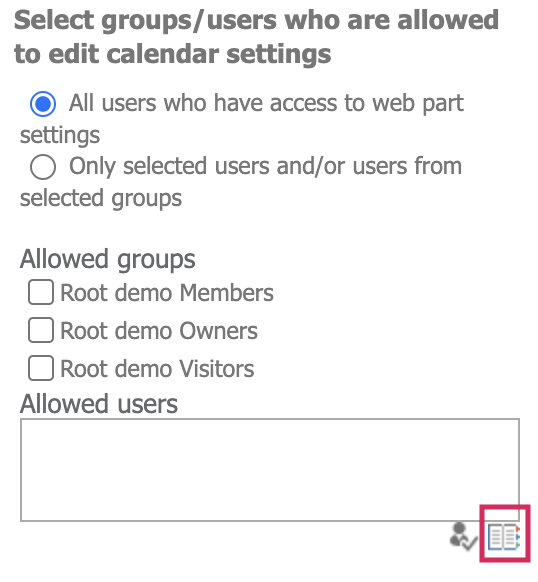 Browse button for finding a user to grant calendar settings access