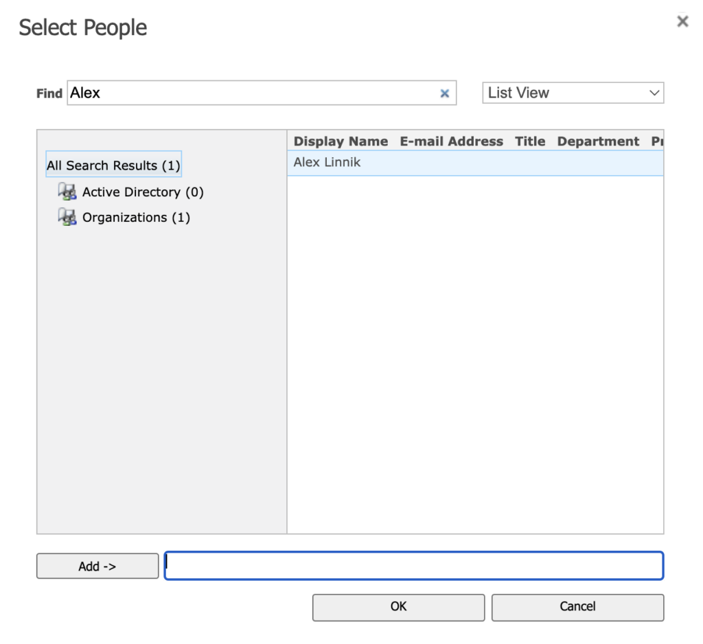 People picker dialog for finding a user and clicking Add then OK