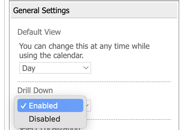 Drill Down field set to Enabled in the Virto Calendar general settings