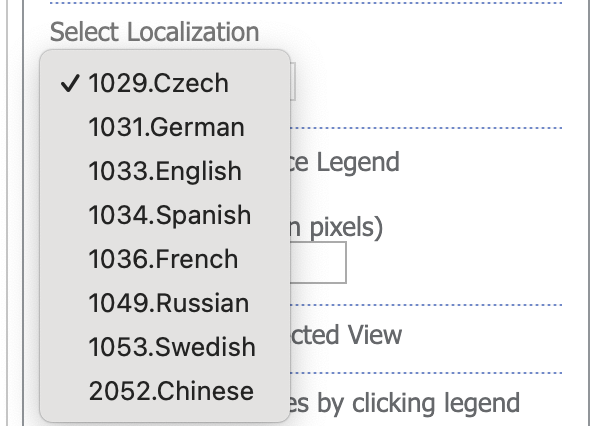Language localization dropdown for the Virto Calendar interface