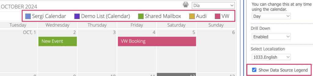 Data source color legend displayed above the Virto Calendar events
