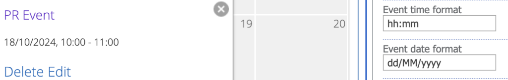 Custom date and time format applied to Virto Calendar event entries