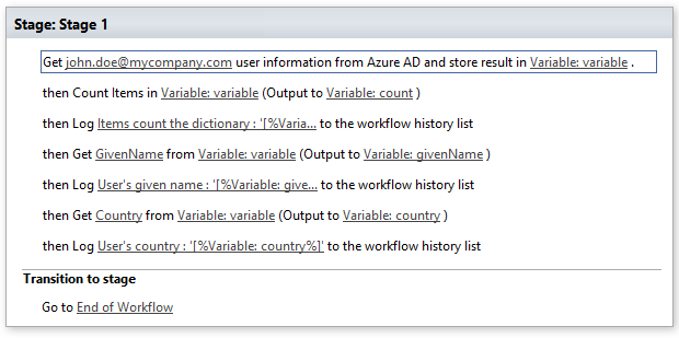 Example workflow configuring the Get Azure AD user information activity with site URL, user and output variable