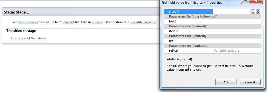 Get field value from list item activity in the Virto Workflows for Office 365 designer