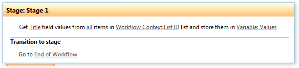 Example of the Get field values from list activity configured in a SharePoint workflow