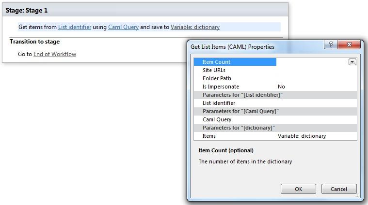 SharePoint Designer phrase for the Get list items (CAML) activity in Virto Workflows for Office 365