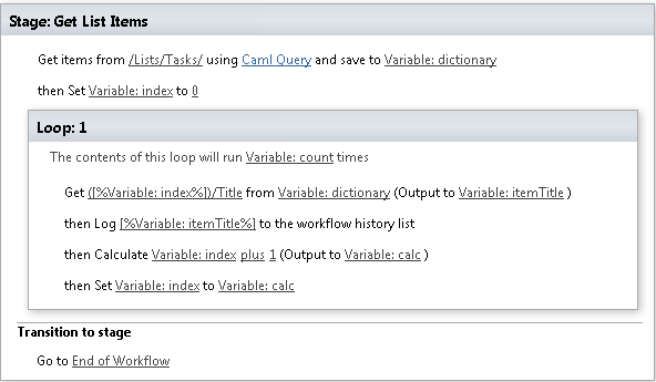 Example of the Get list items (CAML) activity configured in a SharePoint workflow