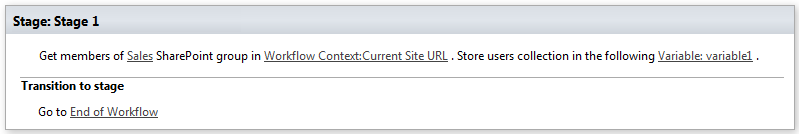 Example configuration of the Get members of SharePoint group activity returning members to a variable
