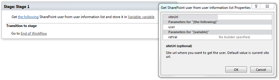 SharePoint Designer phrase for the Get SharePoint user from user information list activity