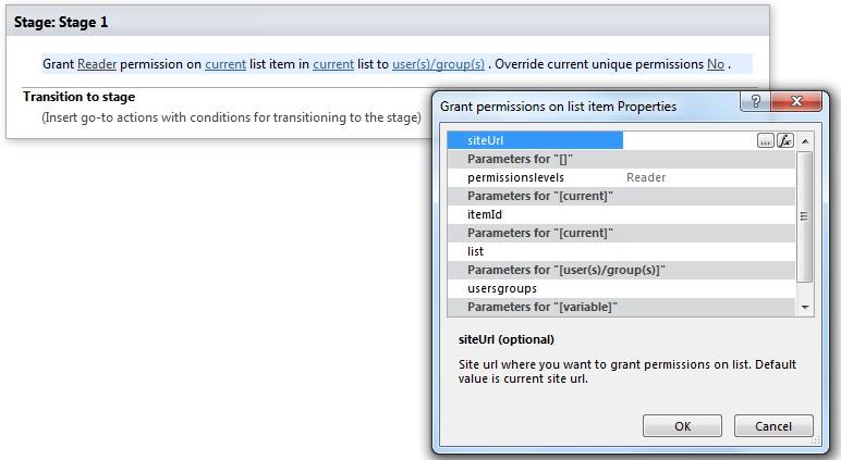 SharePoint Designer phrase for the Grant permission on list item activity in Virto Workflows
