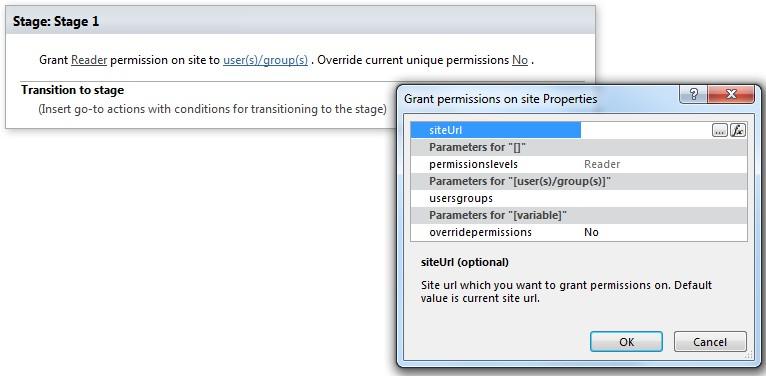 SharePoint Designer phrase for the Grant permission on site activity in Virto Workflows