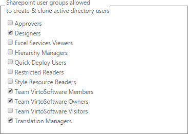 Checkboxes for selecting SharePoint user groups allowed to create and clone AD users