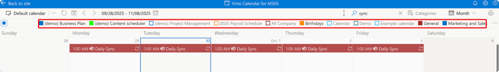 Data source chips clicked to show or hide their events in Virto Calendar App