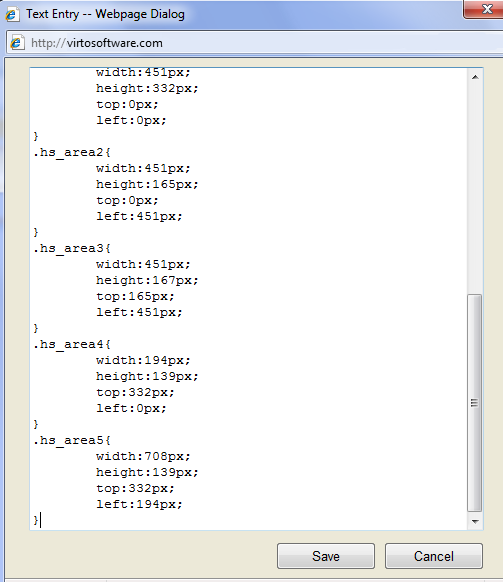 Custom CSS window showing the sample layout of five zones for the Hover Slide Effect engine