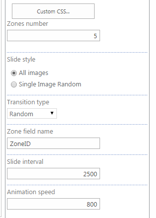 Hover Slide Effect settings with zone number, All images slide style, Random transition, and ZoneID field